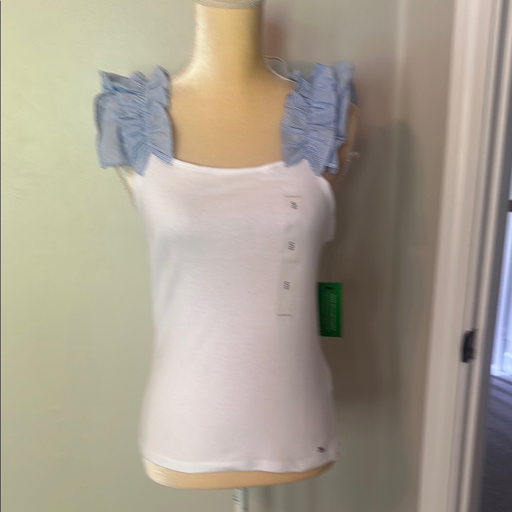 NWT: White and Blue Ruffle Strap Top